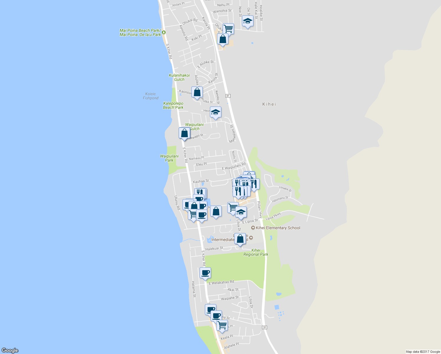 map of restaurants, bars, coffee shops, grocery stores, and more near 1103 Kahaapo Loop in Kihei