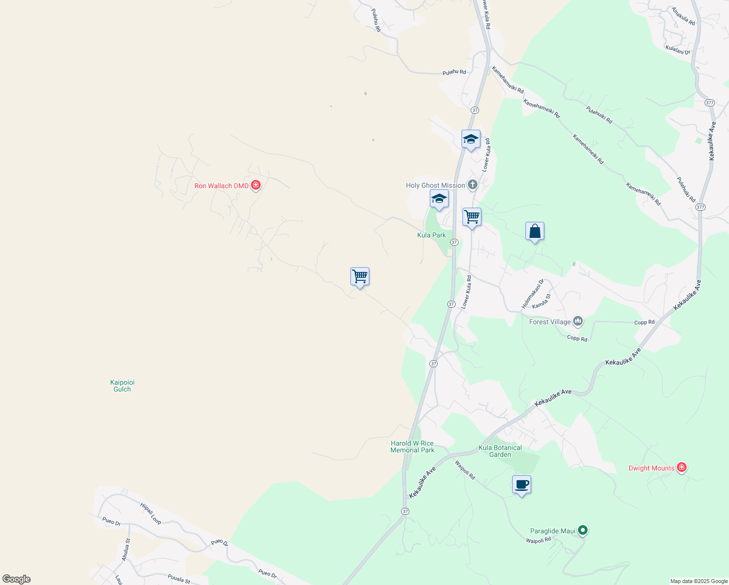 map of restaurants, bars, coffee shops, grocery stores, and more near 586 Naalae Road in Kula
