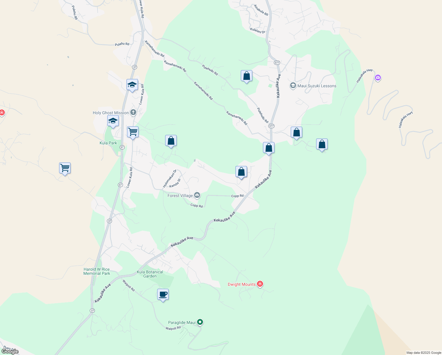 map of restaurants, bars, coffee shops, grocery stores, and more near 300 Kolohala Drive in Kula
