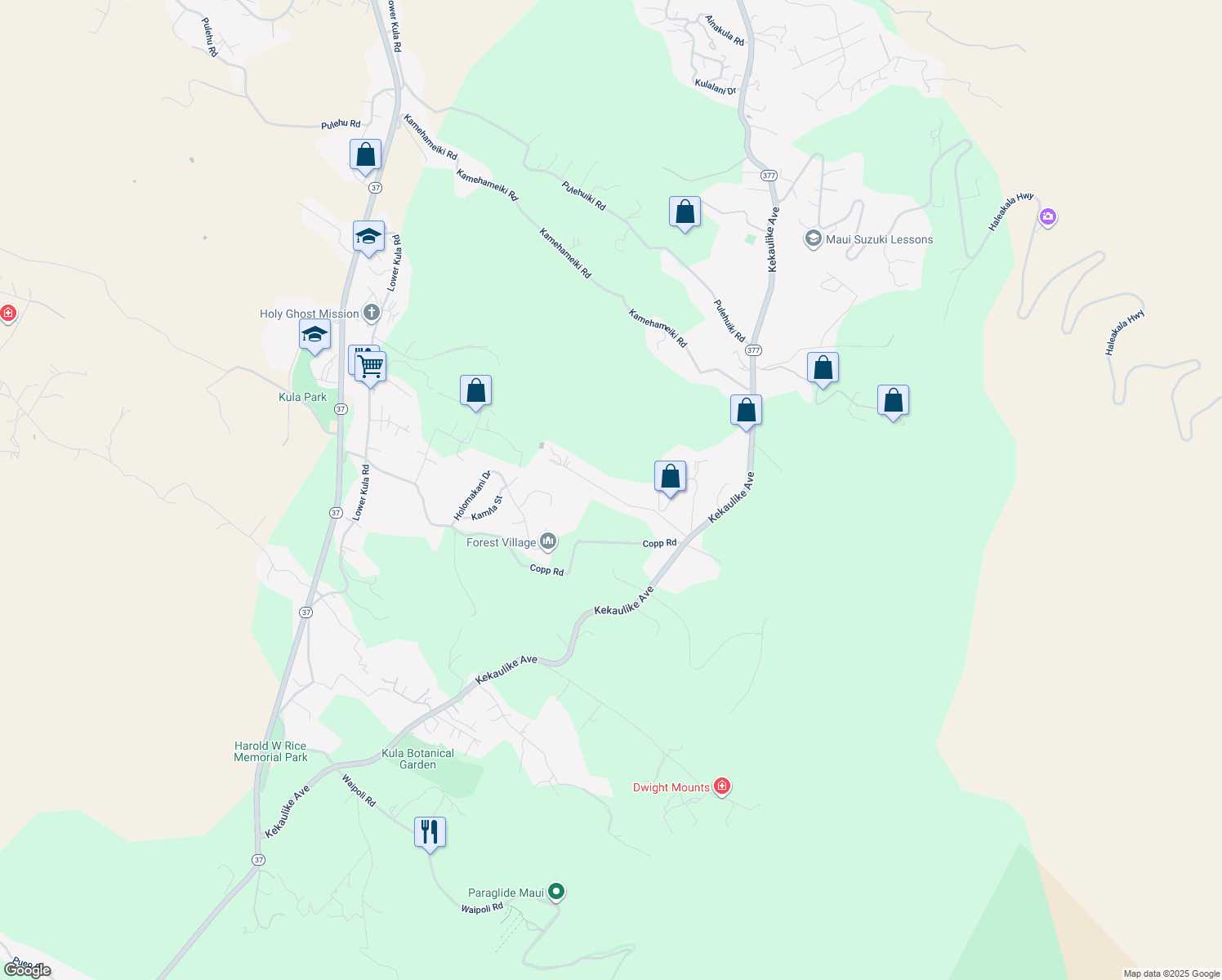 map of restaurants, bars, coffee shops, grocery stores, and more near 332 Kolohala Drive in Kula