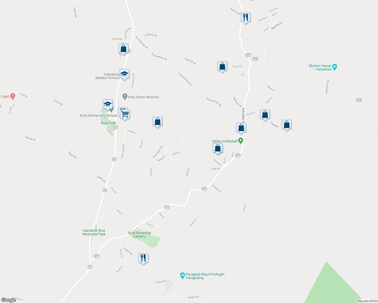 map of restaurants, bars, coffee shops, grocery stores, and more near 437 Kolohala Drive in Kula