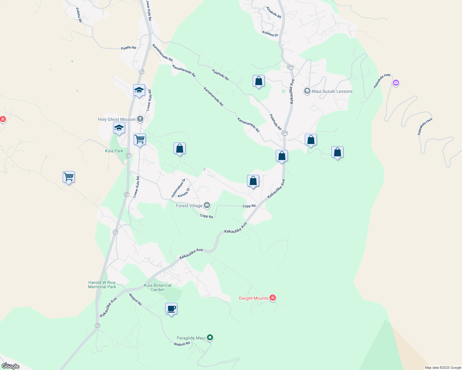 map of restaurants, bars, coffee shops, grocery stores, and more near 332 Kolohala Drive in Kula