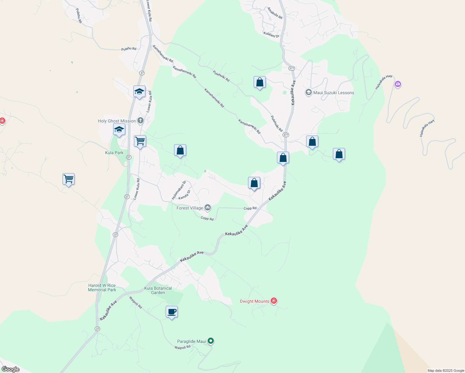 map of restaurants, bars, coffee shops, grocery stores, and more near 300 Kolohala Drive in Kula
