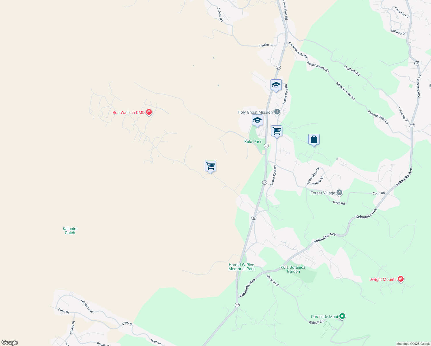 map of restaurants, bars, coffee shops, grocery stores, and more near 586 Naalae Road in Kula