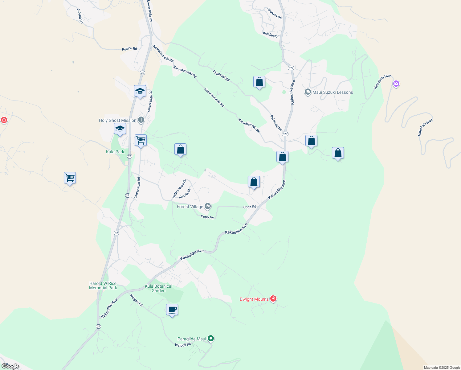 map of restaurants, bars, coffee shops, grocery stores, and more near 332 Kolohala Drive in Kula