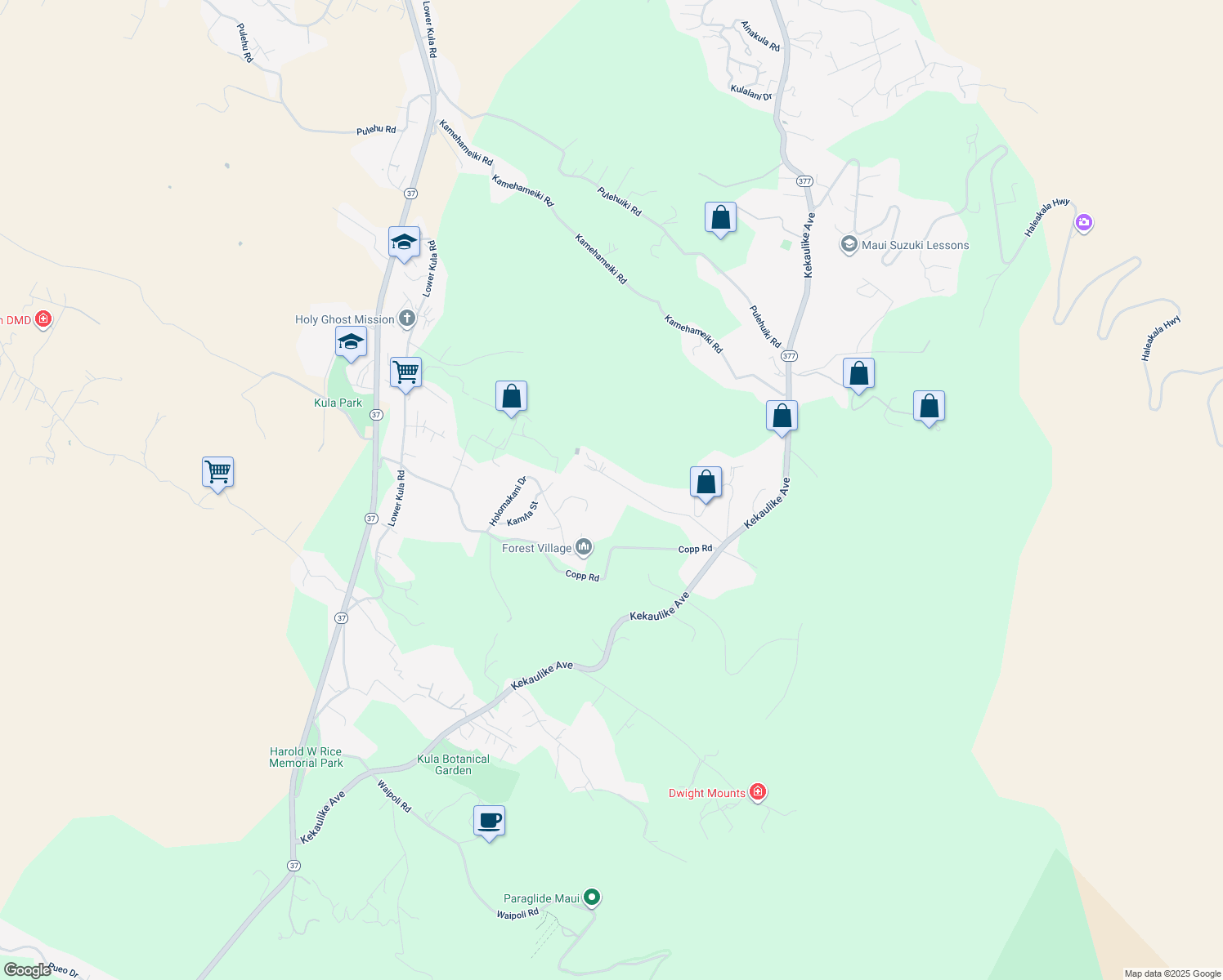 map of restaurants, bars, coffee shops, grocery stores, and more near 437 Kolohala Drive in Kula