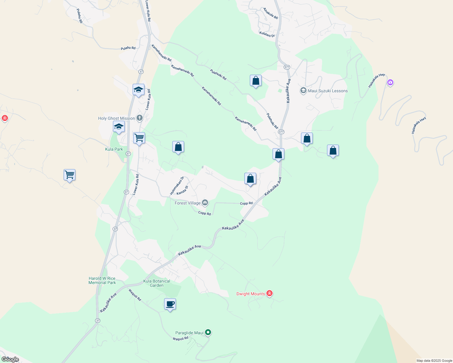 map of restaurants, bars, coffee shops, grocery stores, and more near 370 Kolohala Drive in Kula