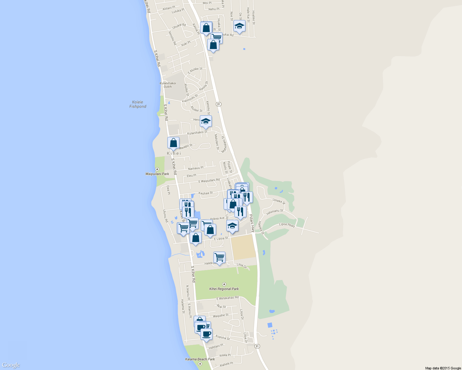 map of restaurants, bars, coffee shops, grocery stores, and more near 41 Luakaha Circle in Kihei