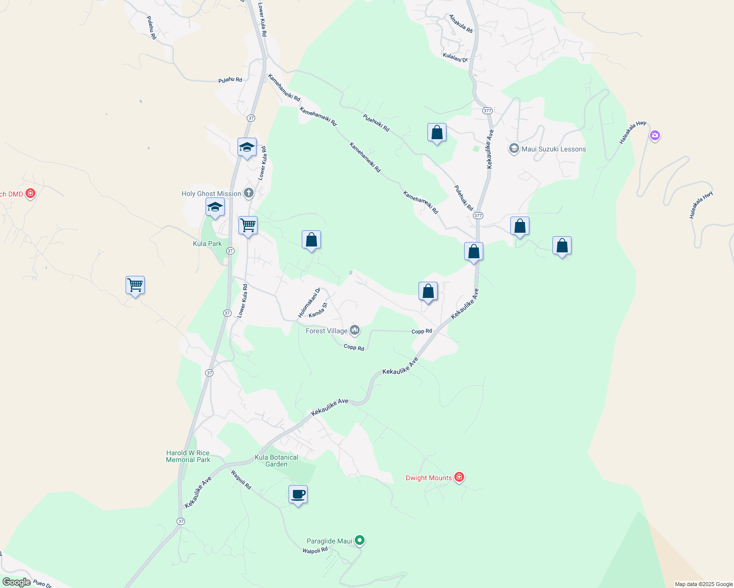 map of restaurants, bars, coffee shops, grocery stores, and more near 437 Kolohala Drive in Kula