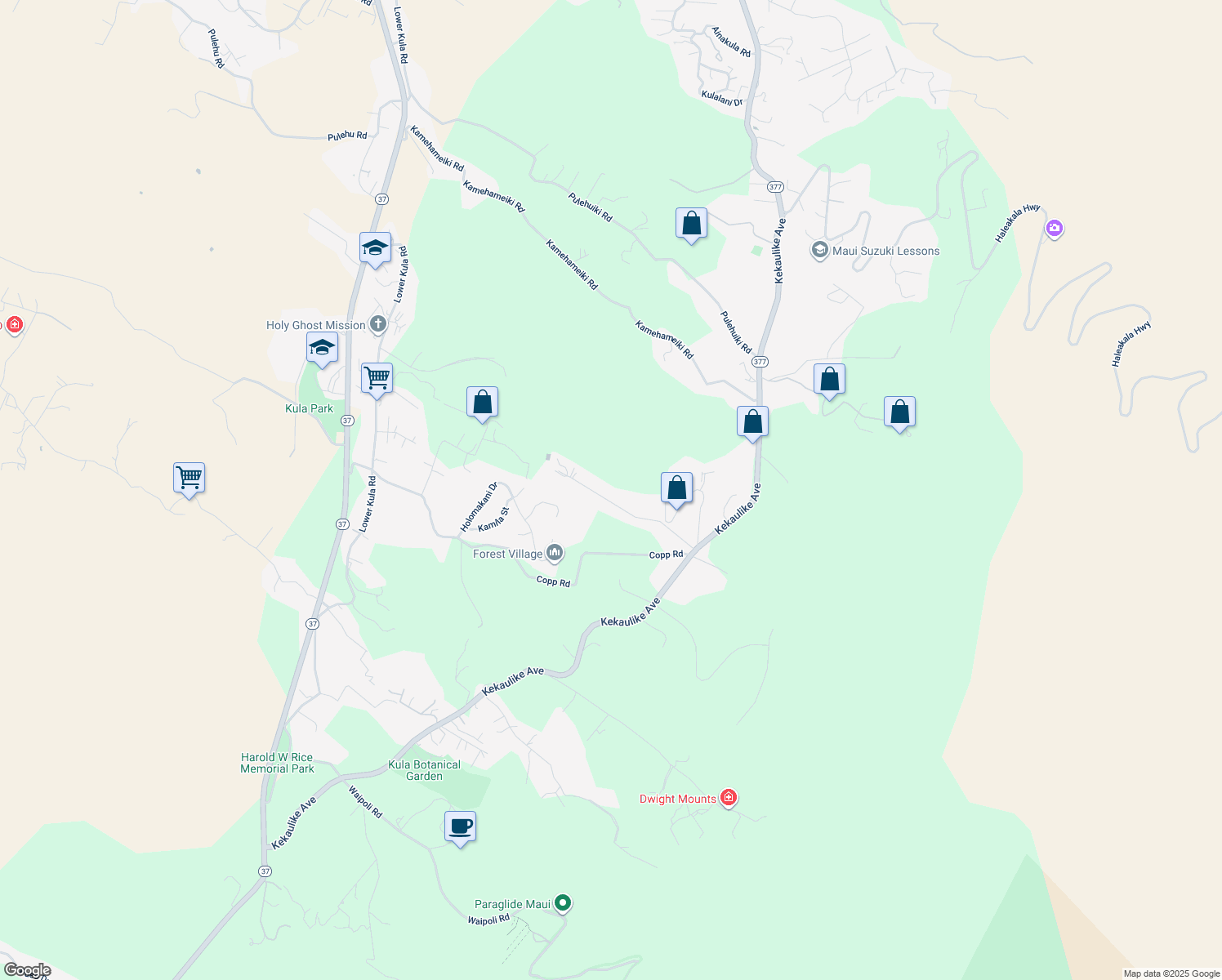 map of restaurants, bars, coffee shops, grocery stores, and more near 370 Kolohala Drive in Kula