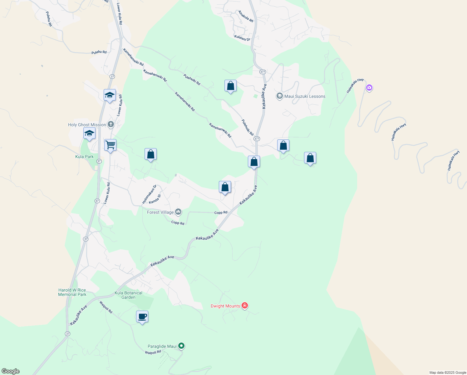 map of restaurants, bars, coffee shops, grocery stores, and more near 0 Ihe Place in Kula