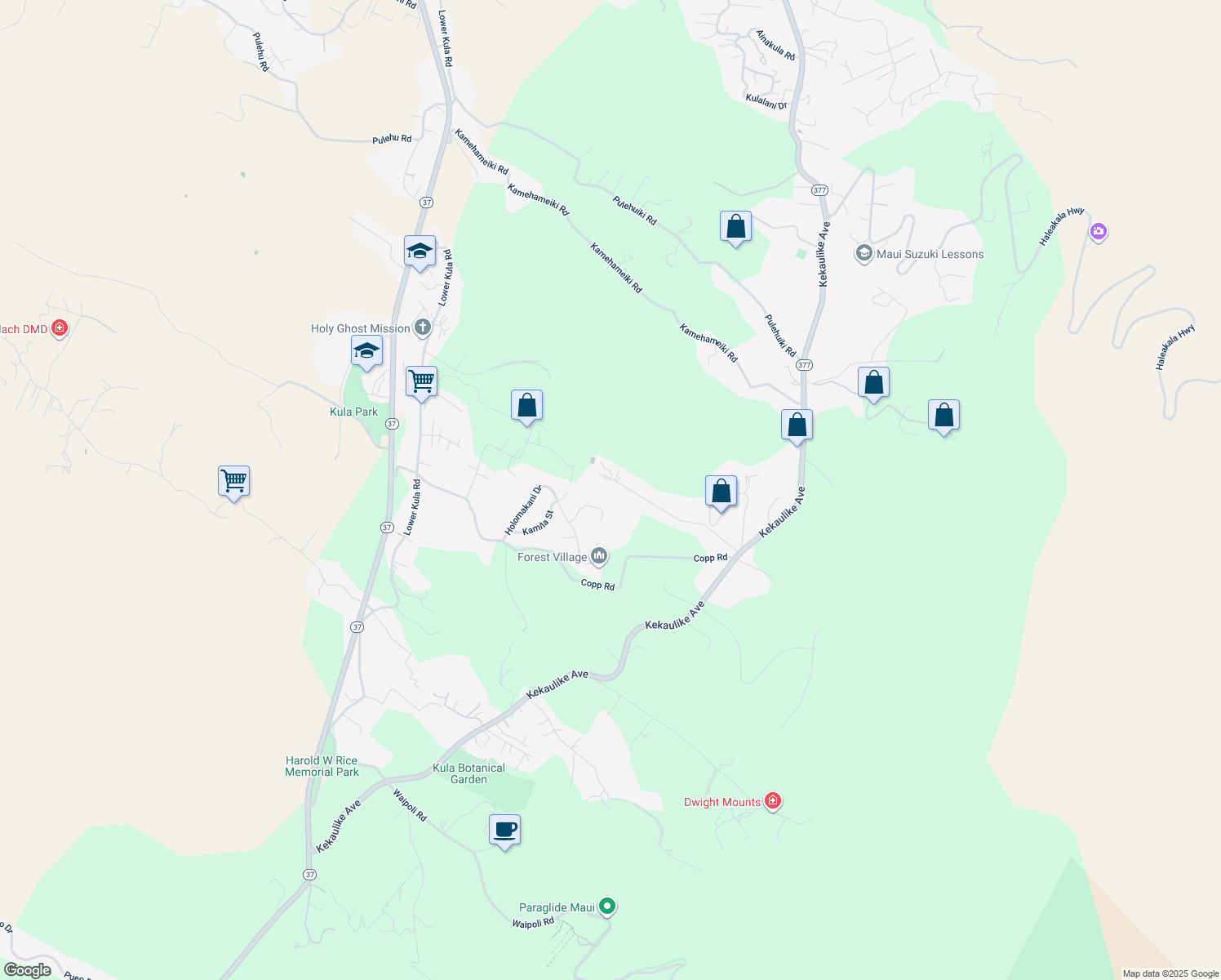 map of restaurants, bars, coffee shops, grocery stores, and more near 499 Kolohala Drive in Kula