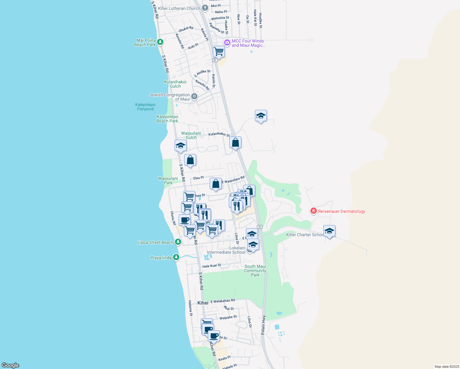 map of restaurants, bars, coffee shops, grocery stores, and more near 24 Wawali Street in Kihei