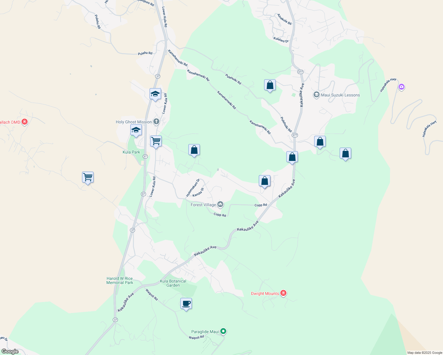 map of restaurants, bars, coffee shops, grocery stores, and more near 521 Kolohala Drive in Kula