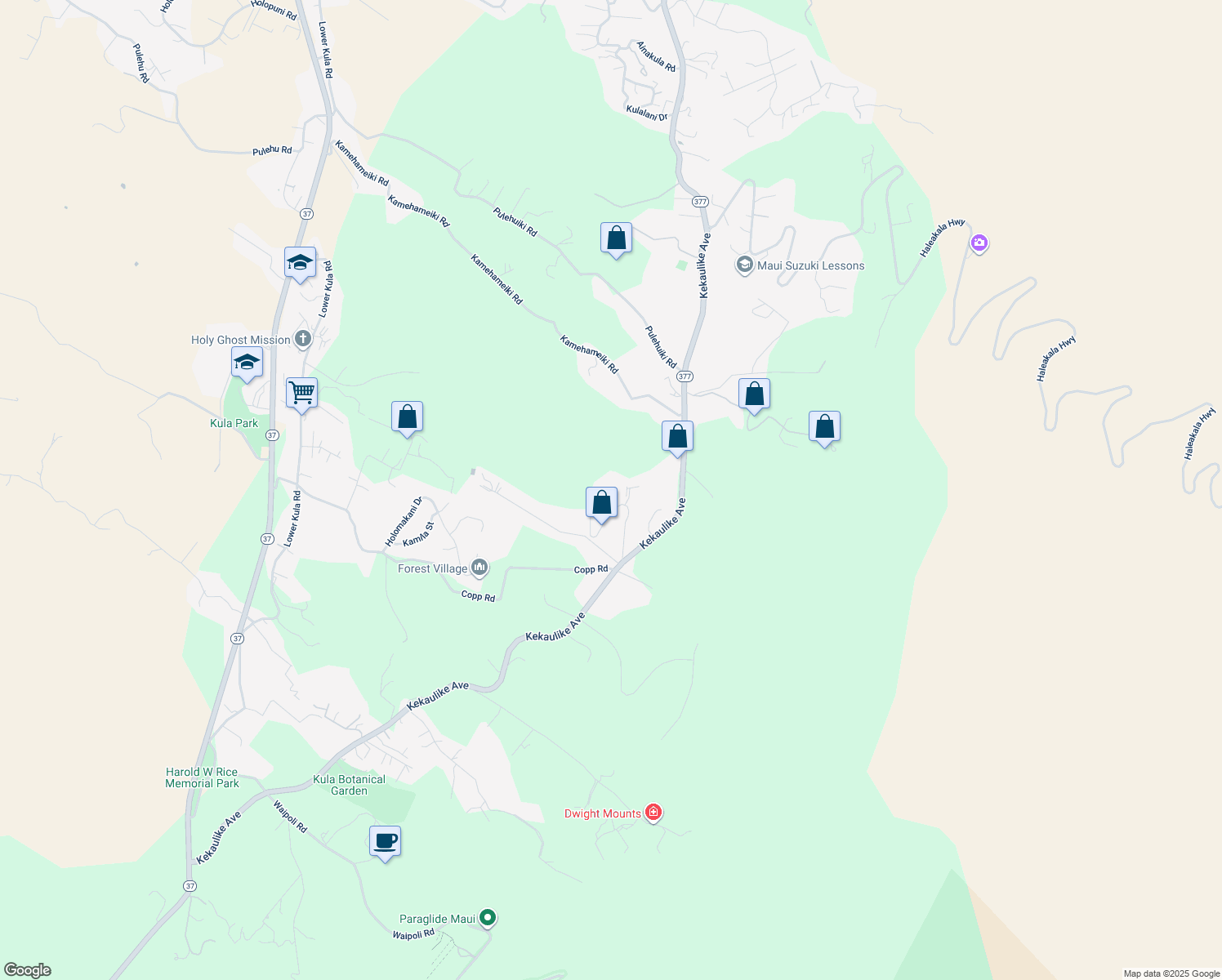 map of restaurants, bars, coffee shops, grocery stores, and more near 0 Ihe Place in Kula