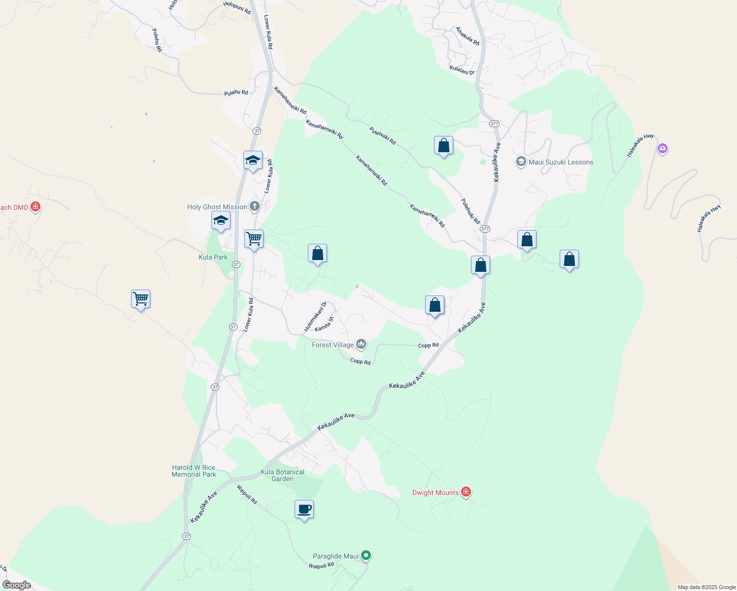 map of restaurants, bars, coffee shops, grocery stores, and more near 506 Kolohala Drive in Kula