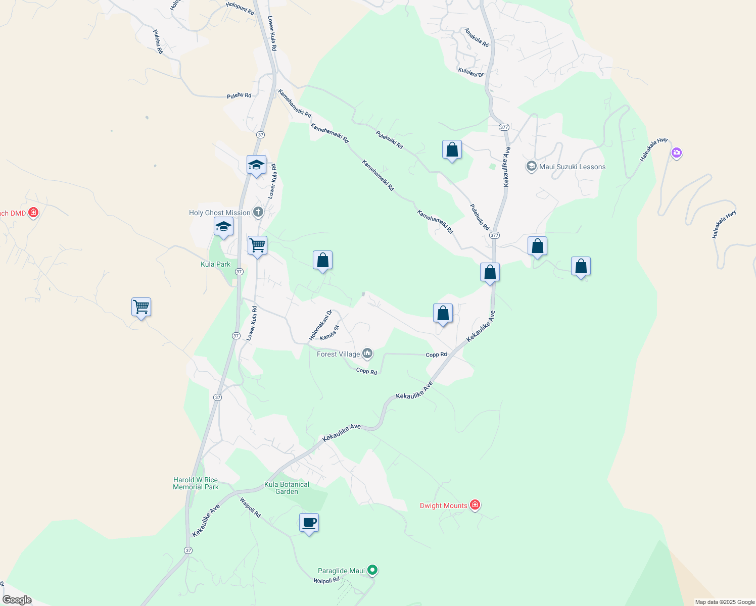 map of restaurants, bars, coffee shops, grocery stores, and more near 506 Kolohala Drive in Kula