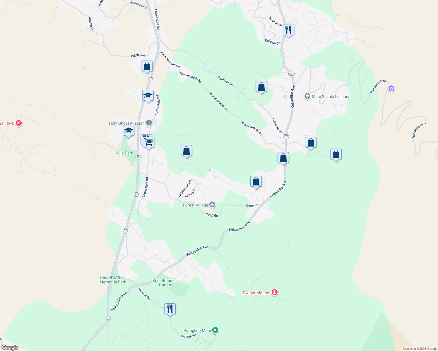 map of restaurants, bars, coffee shops, grocery stores, and more near 506 Kolohala Drive in Kula