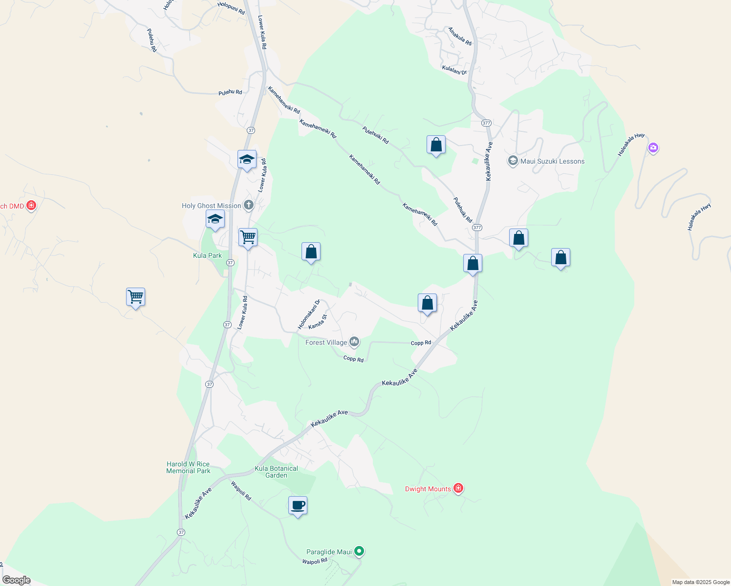 map of restaurants, bars, coffee shops, grocery stores, and more near 506 Kolohala Drive in Kula