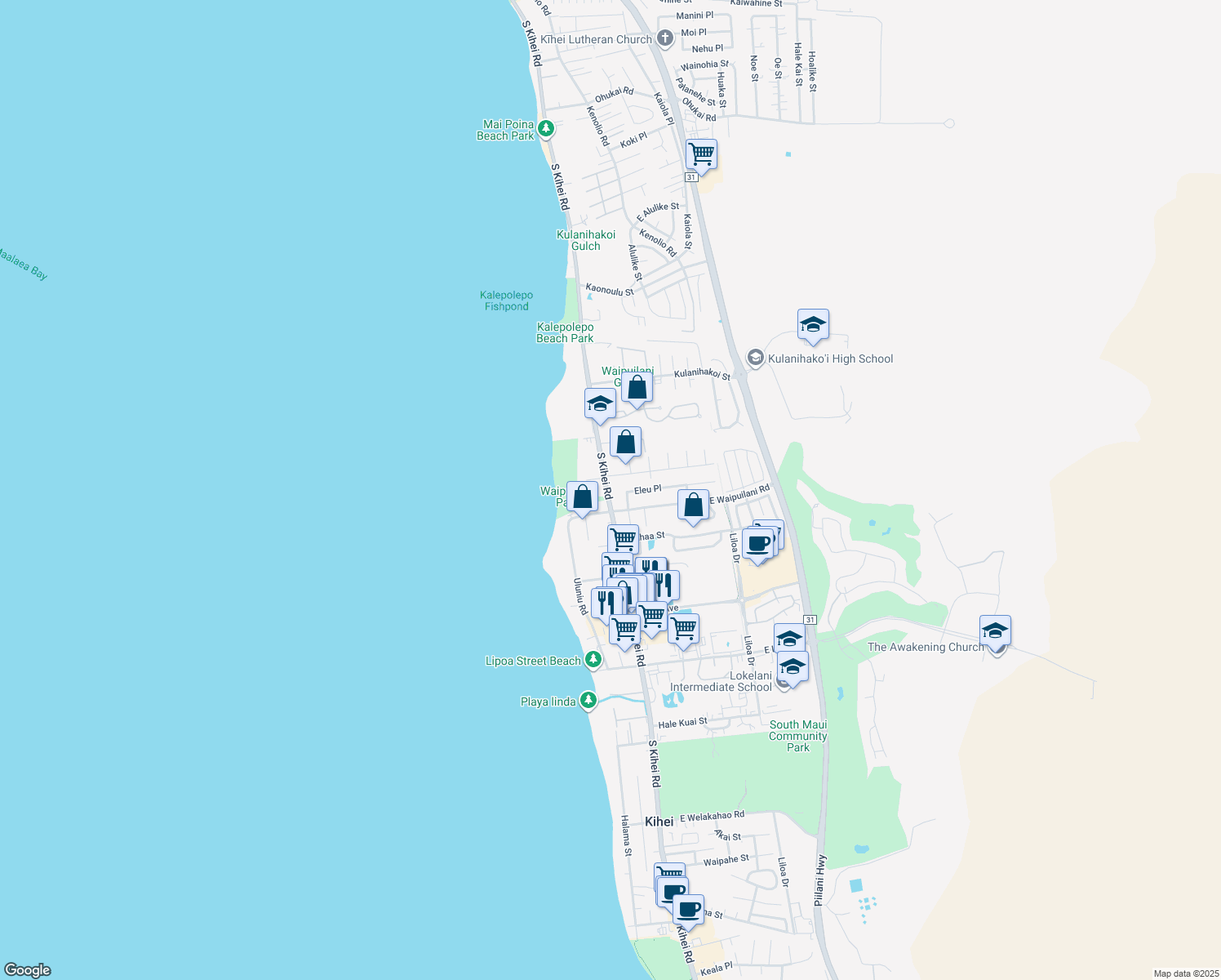 map of restaurants, bars, coffee shops, grocery stores, and more near 1011 South Kihei Road in Kihei