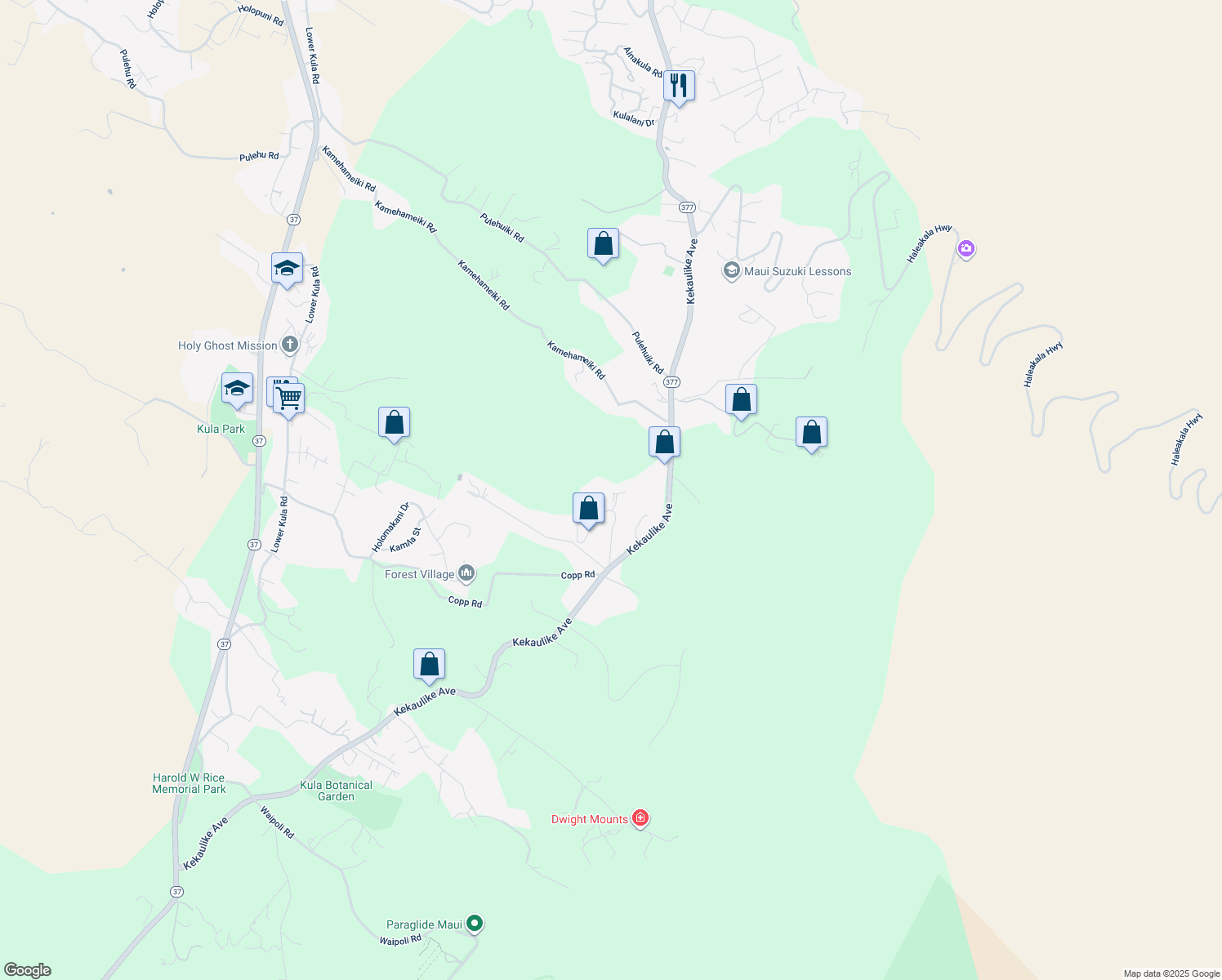 map of restaurants, bars, coffee shops, grocery stores, and more near 25 Hoihoi Place in Kula