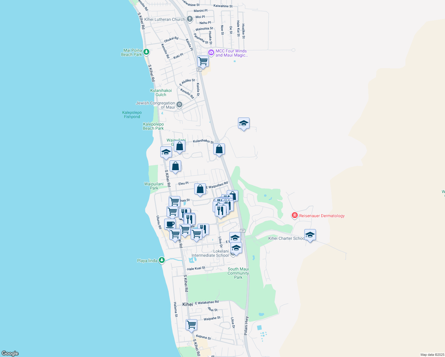 map of restaurants, bars, coffee shops, grocery stores, and more near 26 Polale Street in Kihei