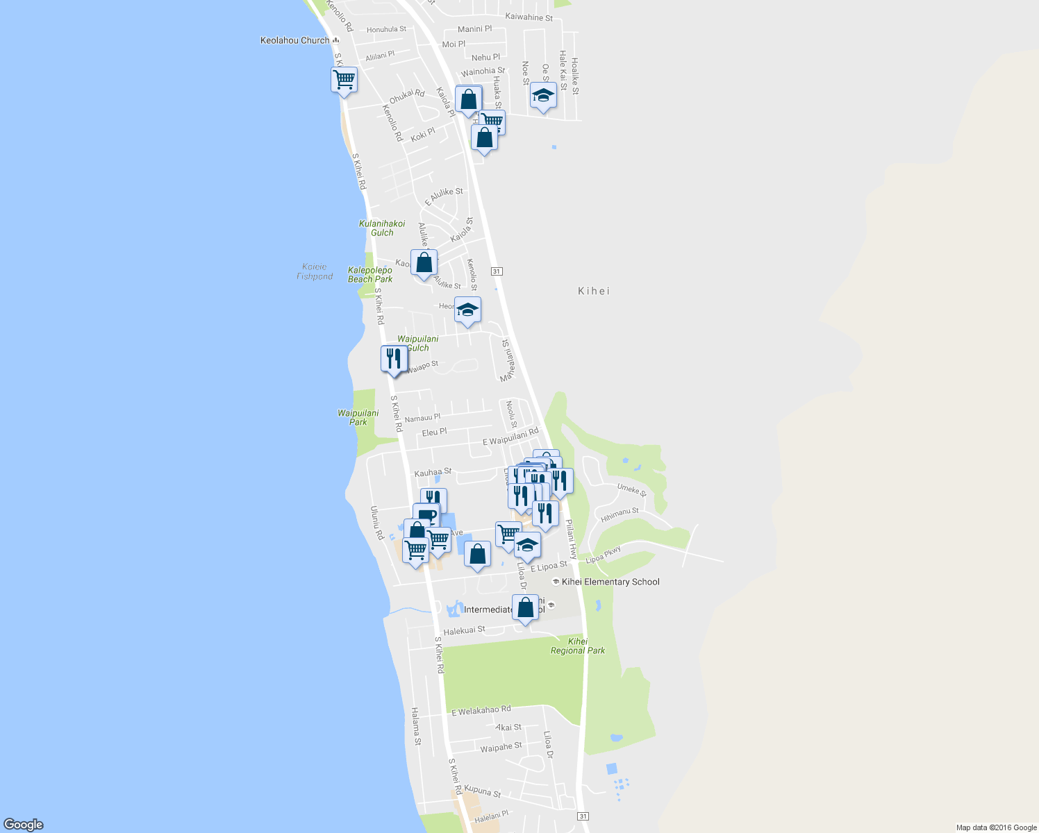 map of restaurants, bars, coffee shops, grocery stores, and more near 47 Polale Street in Kihei