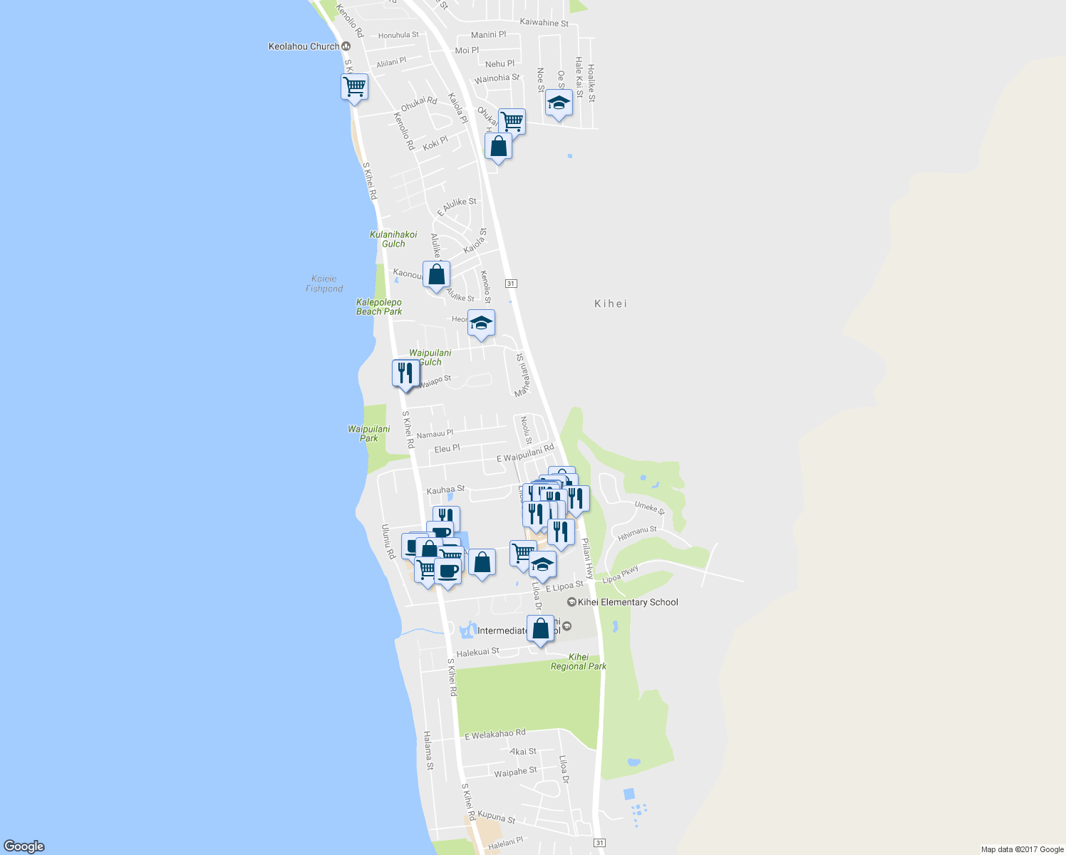 map of restaurants, bars, coffee shops, grocery stores, and more near 59 Polale Street in Kihei