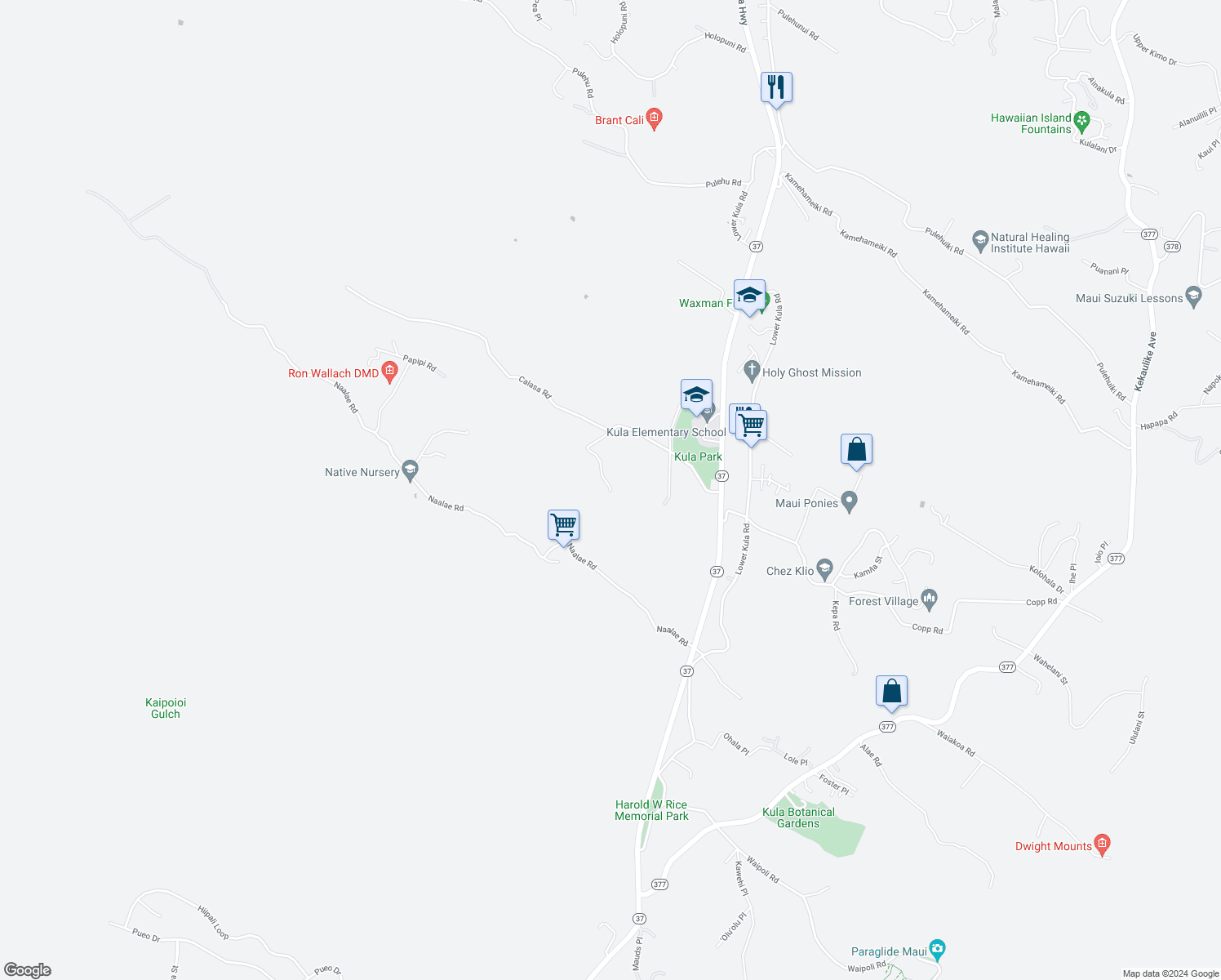map of restaurants, bars, coffee shops, grocery stores, and more near 445 Calasa Road in Kula