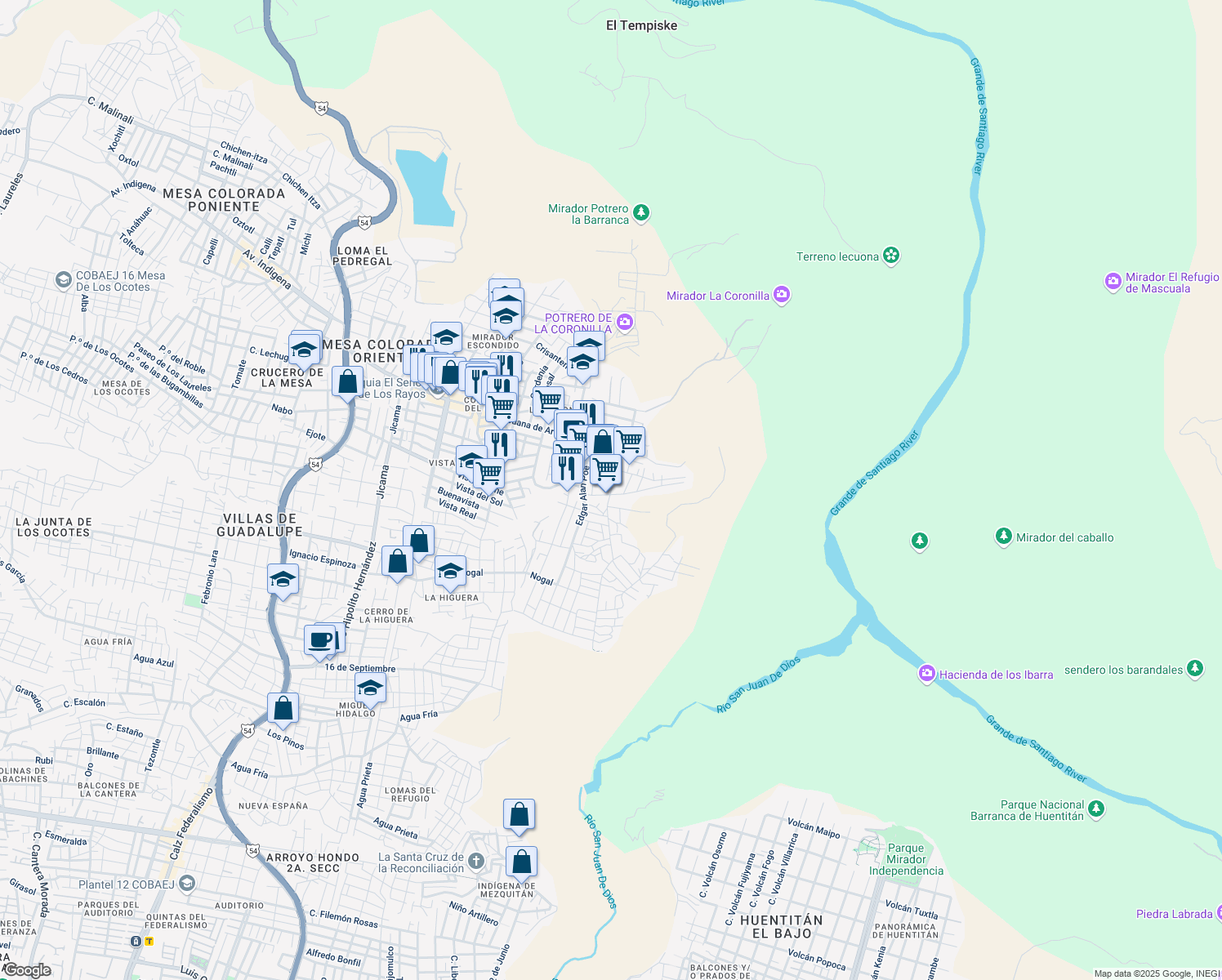 map of restaurants, bars, coffee shops, grocery stores, and more near 2828 Pablo Neruda in Zapopán