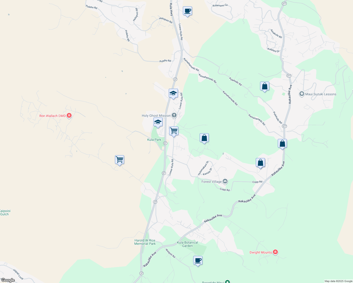 map of restaurants, bars, coffee shops, grocery stores, and more near 23 Puakea Place in Kula
