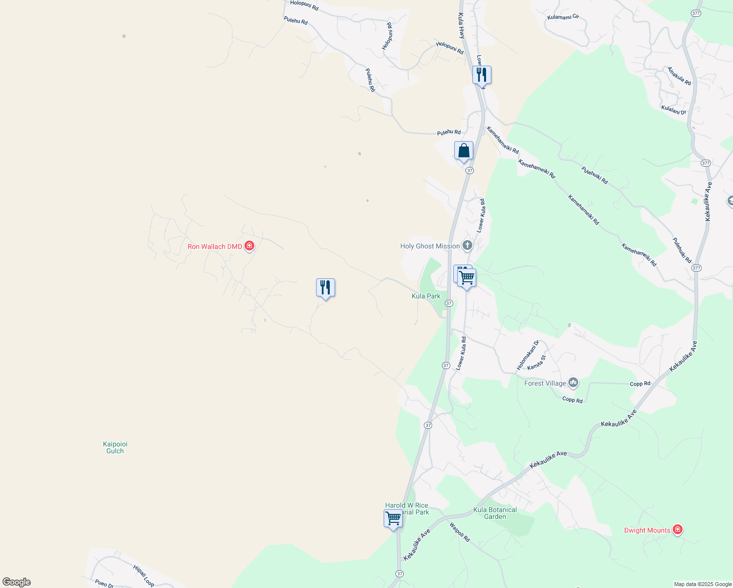 map of restaurants, bars, coffee shops, grocery stores, and more near 501 Calasa Road in Kula