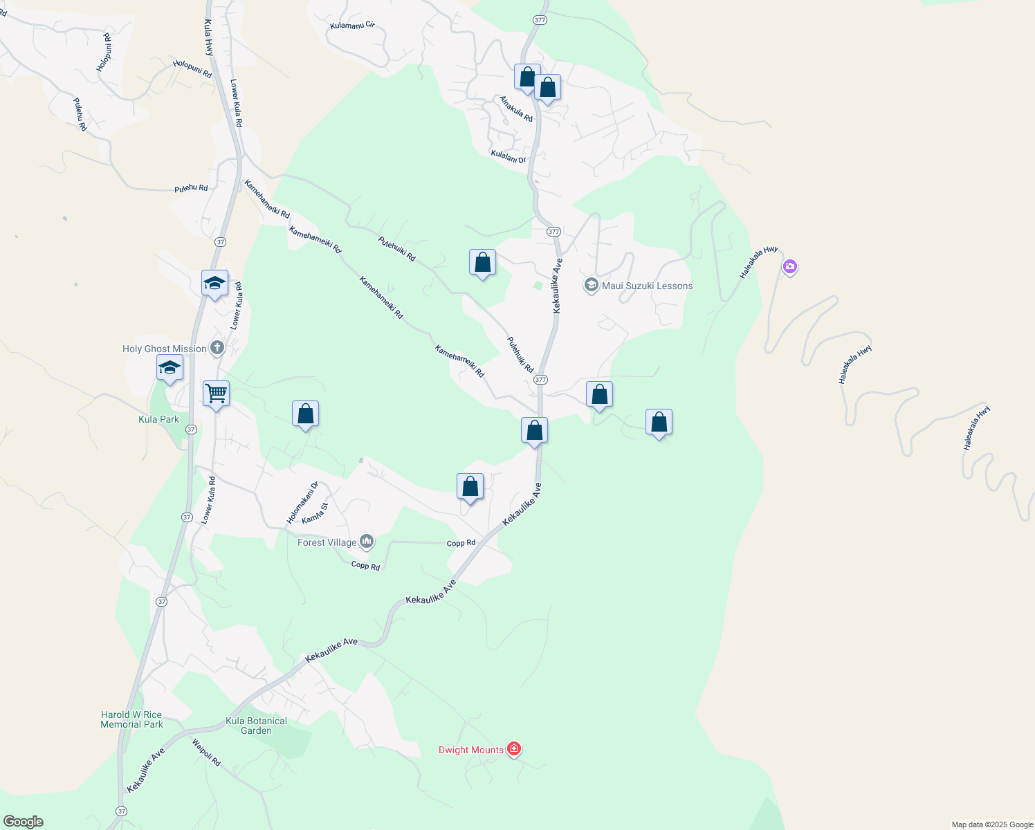 map of restaurants, bars, coffee shops, grocery stores, and more near 1530 Kamehameiki Road in Kula