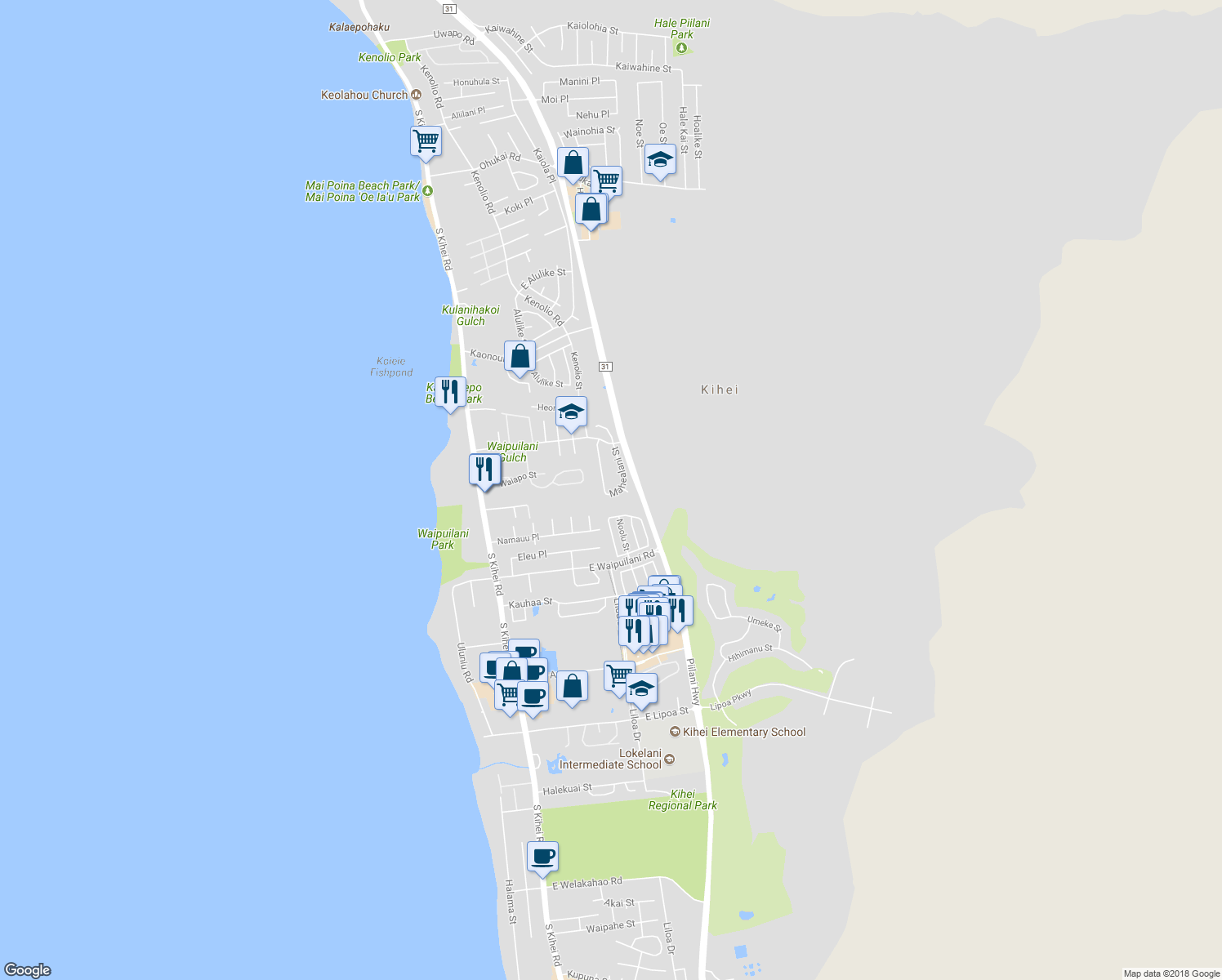 map of restaurants, bars, coffee shops, grocery stores, and more near 898 Mahealani Street in Kihei