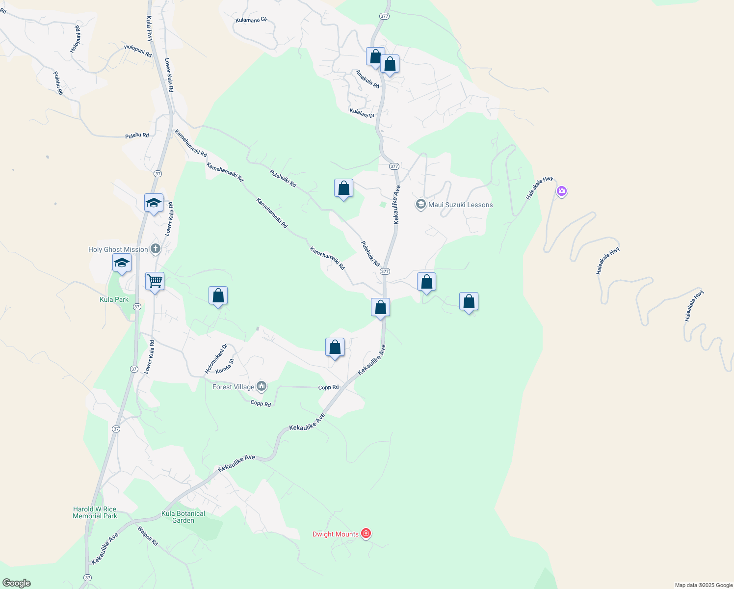 map of restaurants, bars, coffee shops, grocery stores, and more near 1530 Kamehameiki Road in Kula