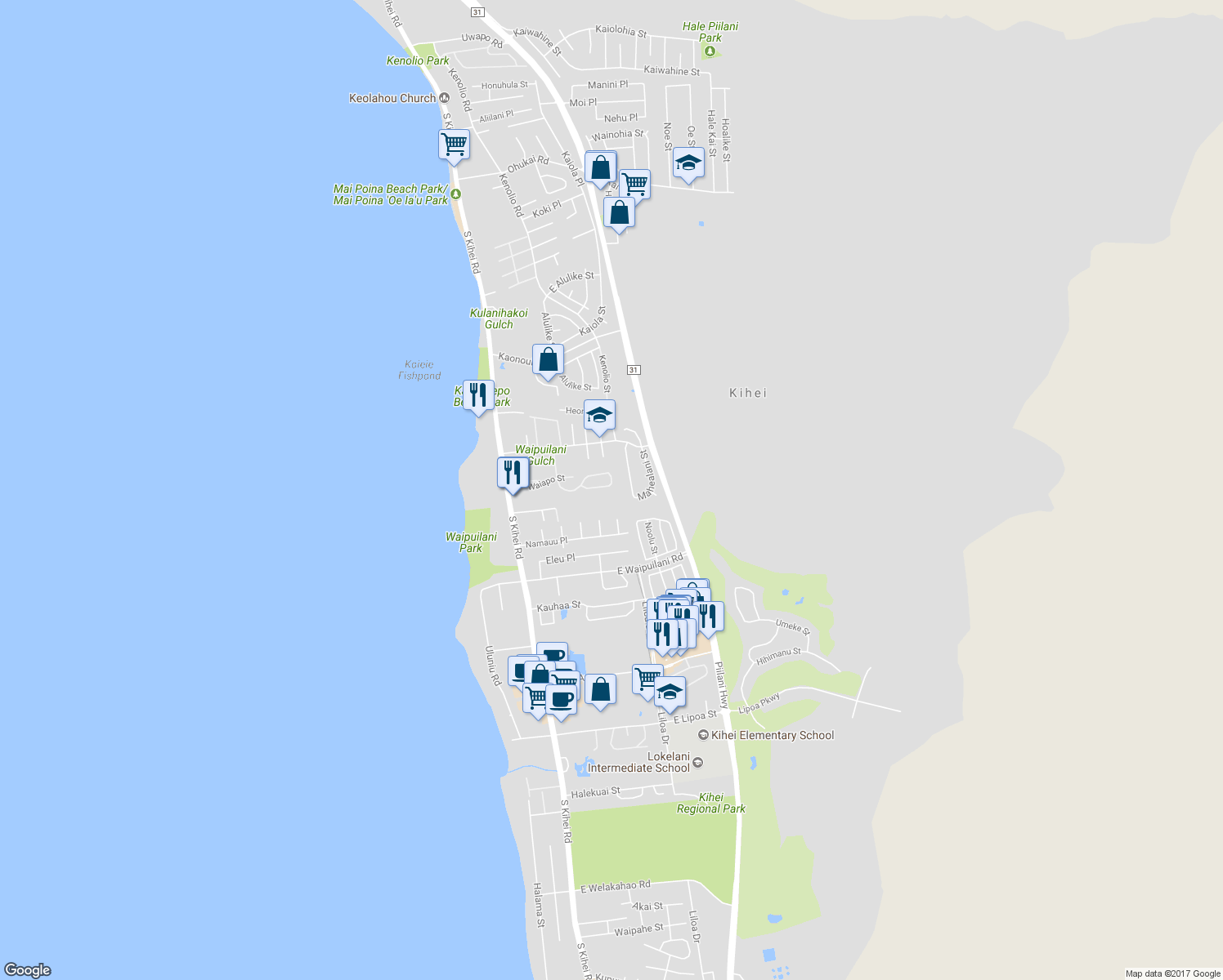 map of restaurants, bars, coffee shops, grocery stores, and more near 199 Oluea Circle in Kihei