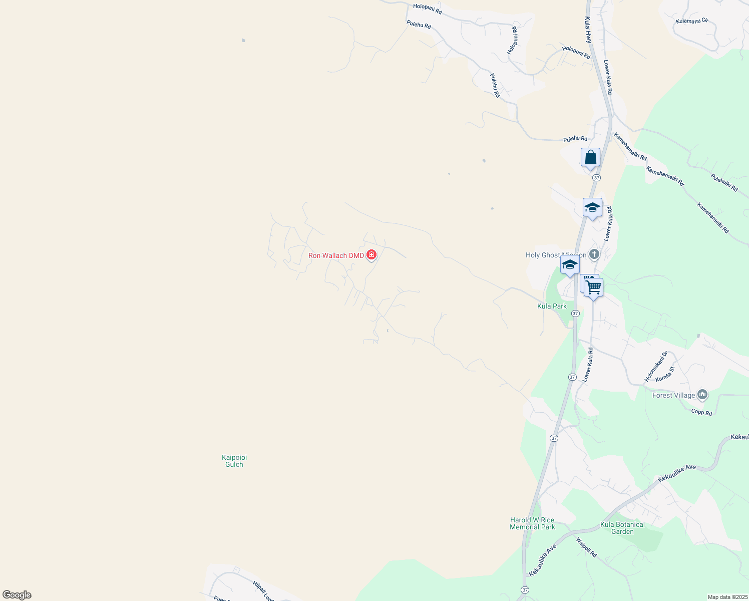 map of restaurants, bars, coffee shops, grocery stores, and more near 1350 Naalae Road in Kula