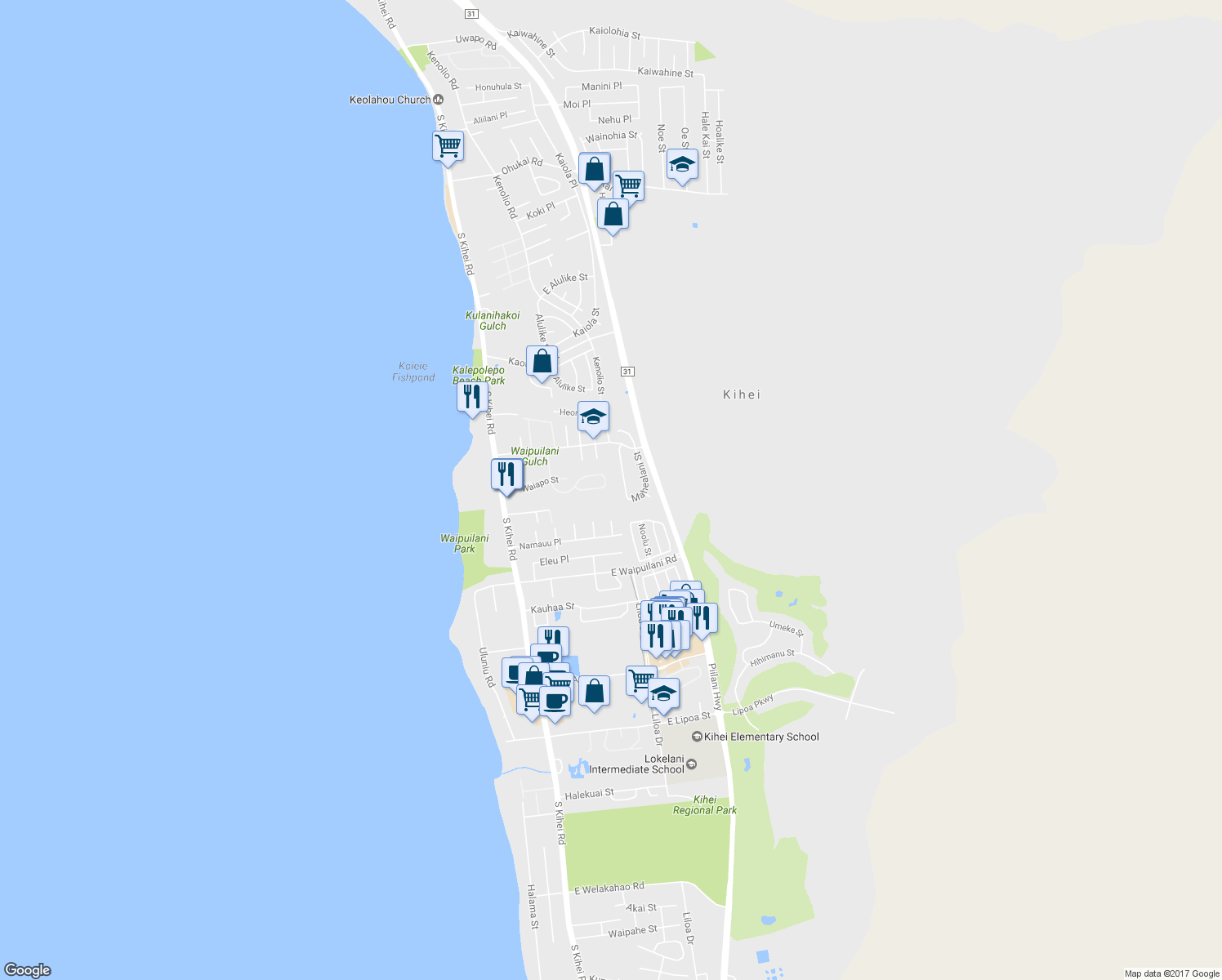map of restaurants, bars, coffee shops, grocery stores, and more near 197 Oluea Circle in Kihei