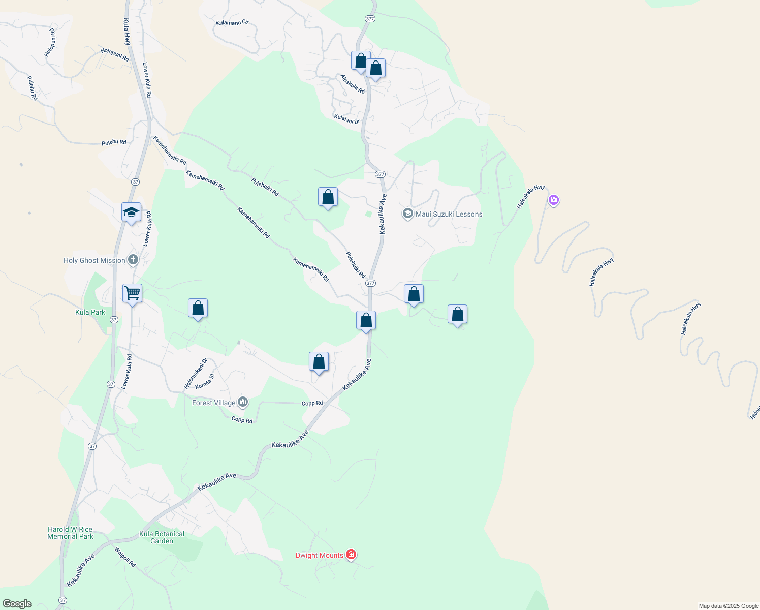 map of restaurants, bars, coffee shops, grocery stores, and more near 2540 Kekaulike Ave in Kula