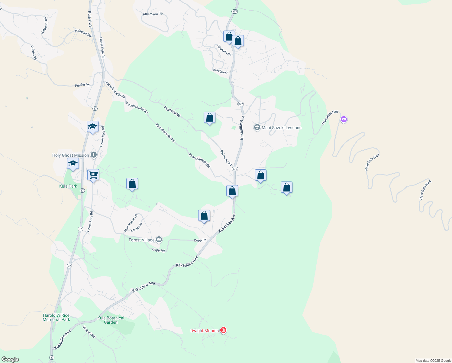 map of restaurants, bars, coffee shops, grocery stores, and more near 1530 Kamehameiki Road in Kula