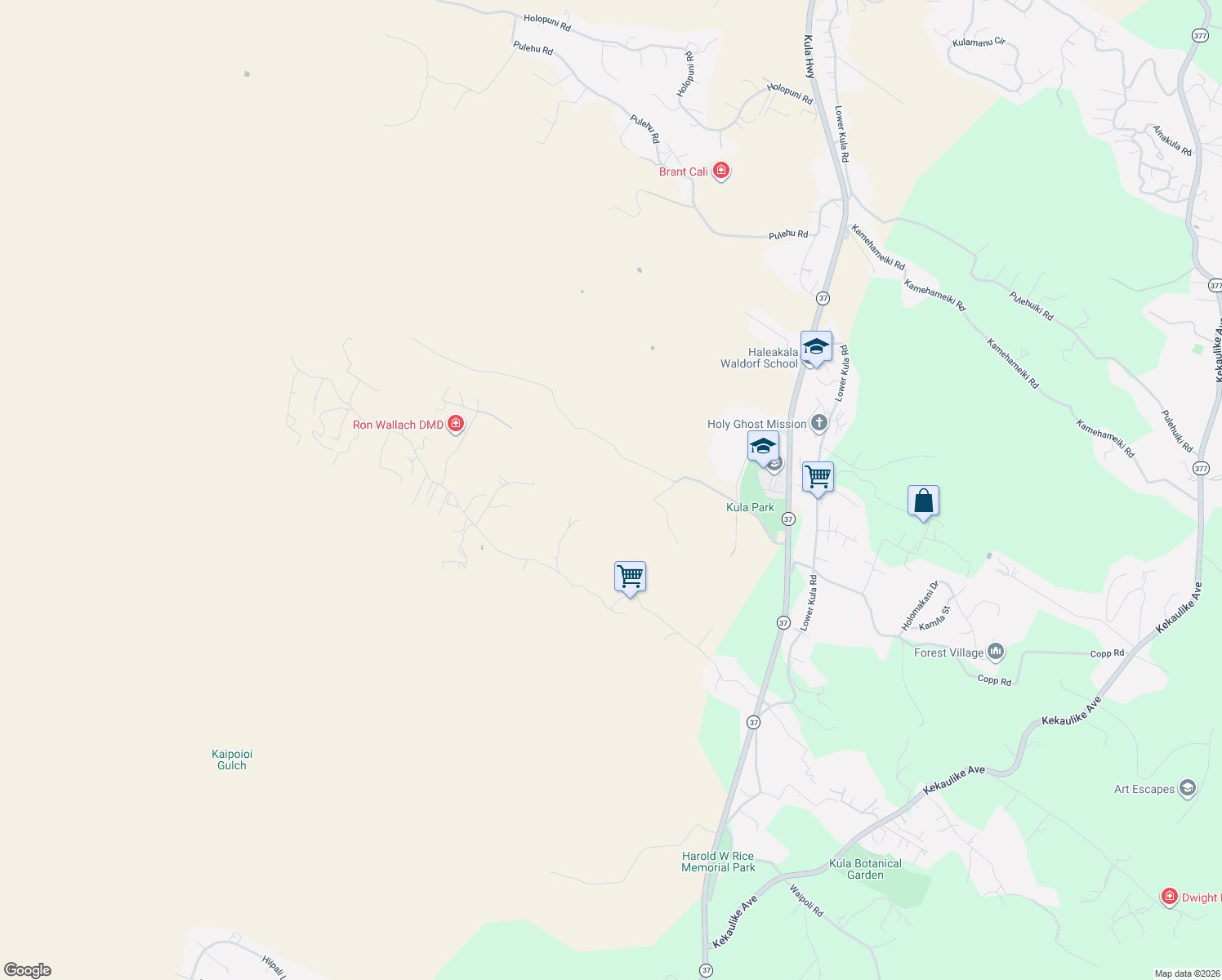 map of restaurants, bars, coffee shops, grocery stores, and more near 501 Calasa Road in Kula