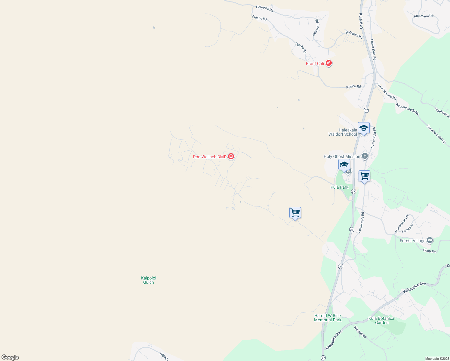 map of restaurants, bars, coffee shops, grocery stores, and more near 1633 Naalae Road in Kula