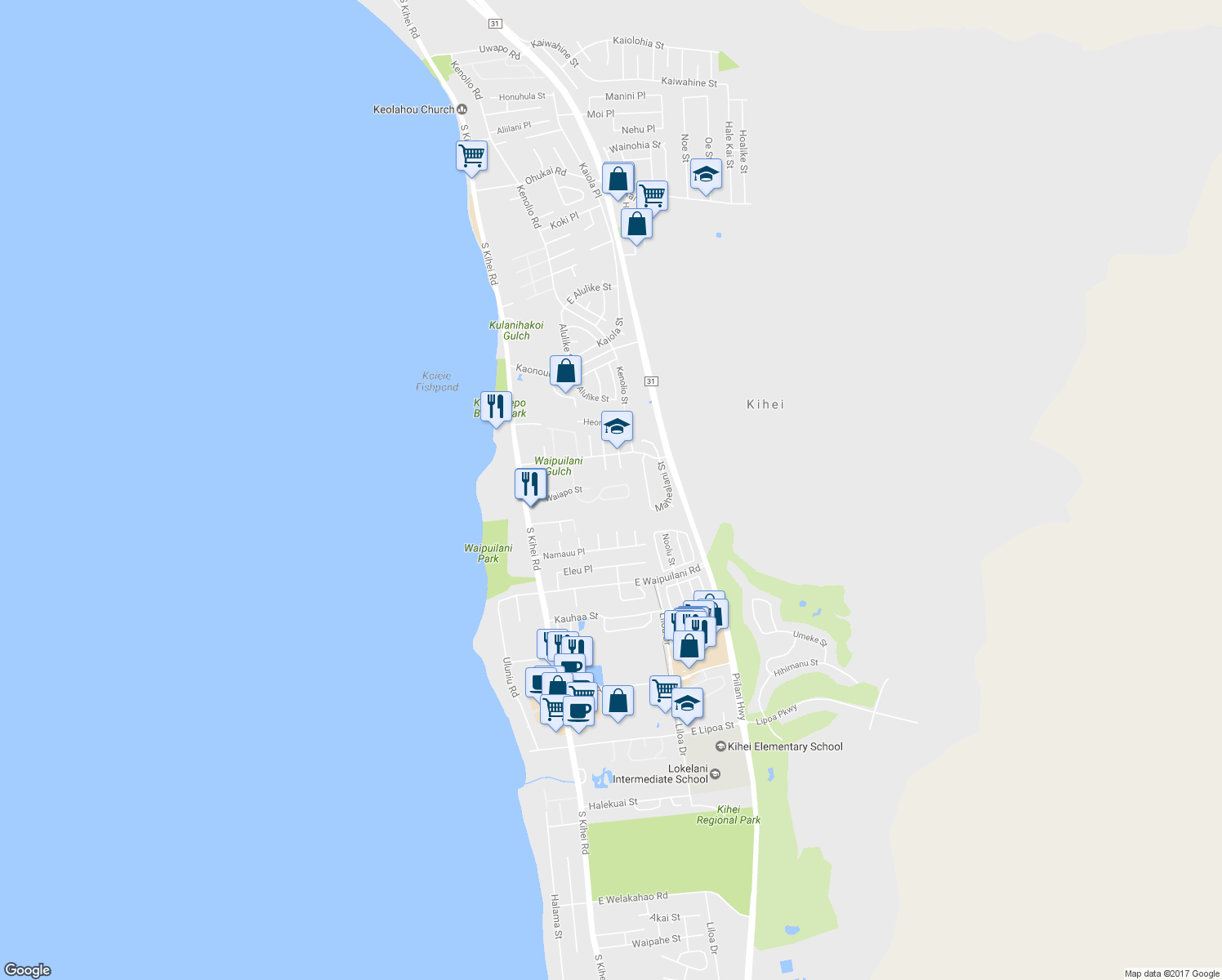 map of restaurants, bars, coffee shops, grocery stores, and more near 140 Oluea Circle in Kihei