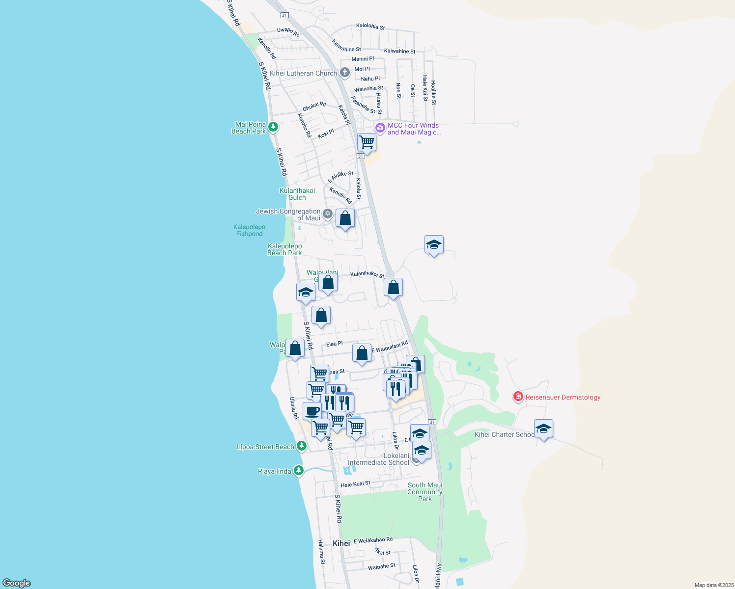 map of restaurants, bars, coffee shops, grocery stores, and more near 181 Oluea Circle in Kihei