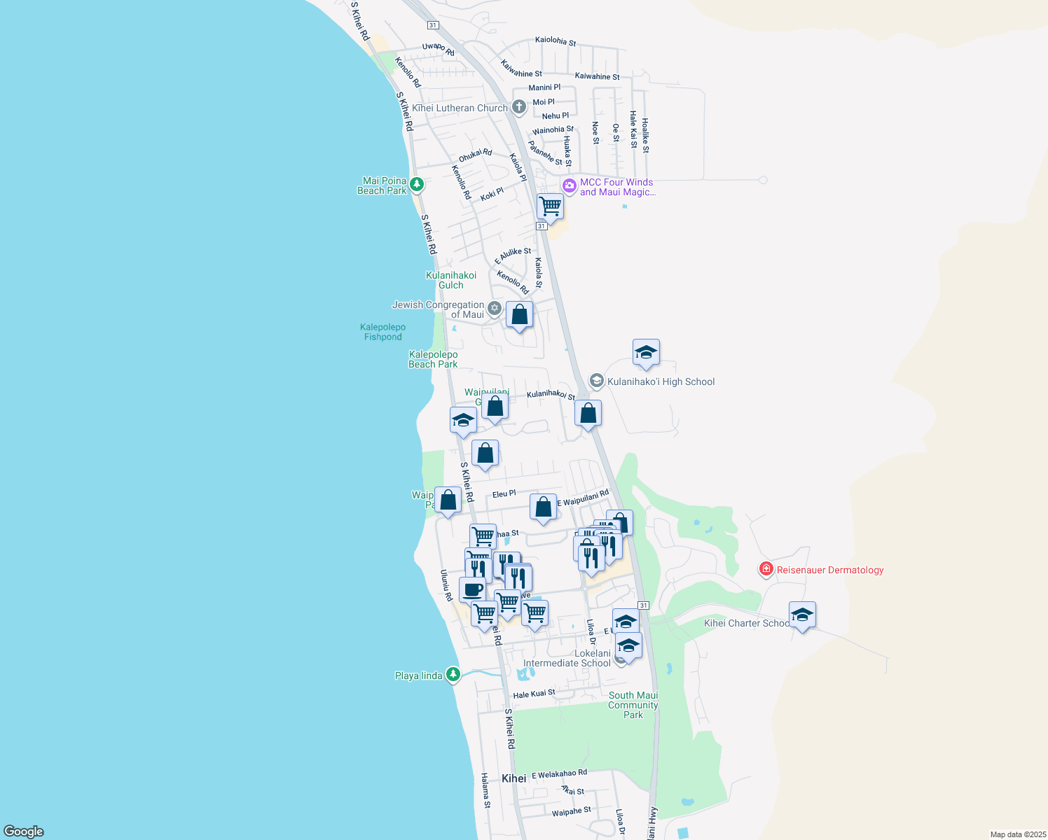 map of restaurants, bars, coffee shops, grocery stores, and more near 129 Oluea Circle in Kihei