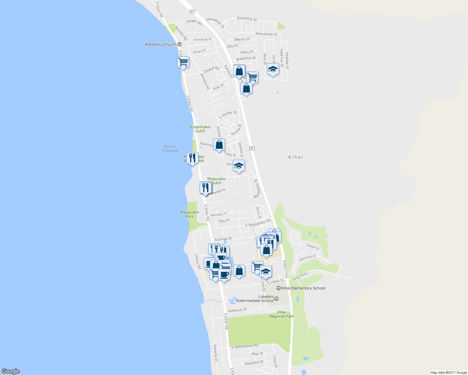map of restaurants, bars, coffee shops, grocery stores, and more near 135 Oluea Circle in Kihei