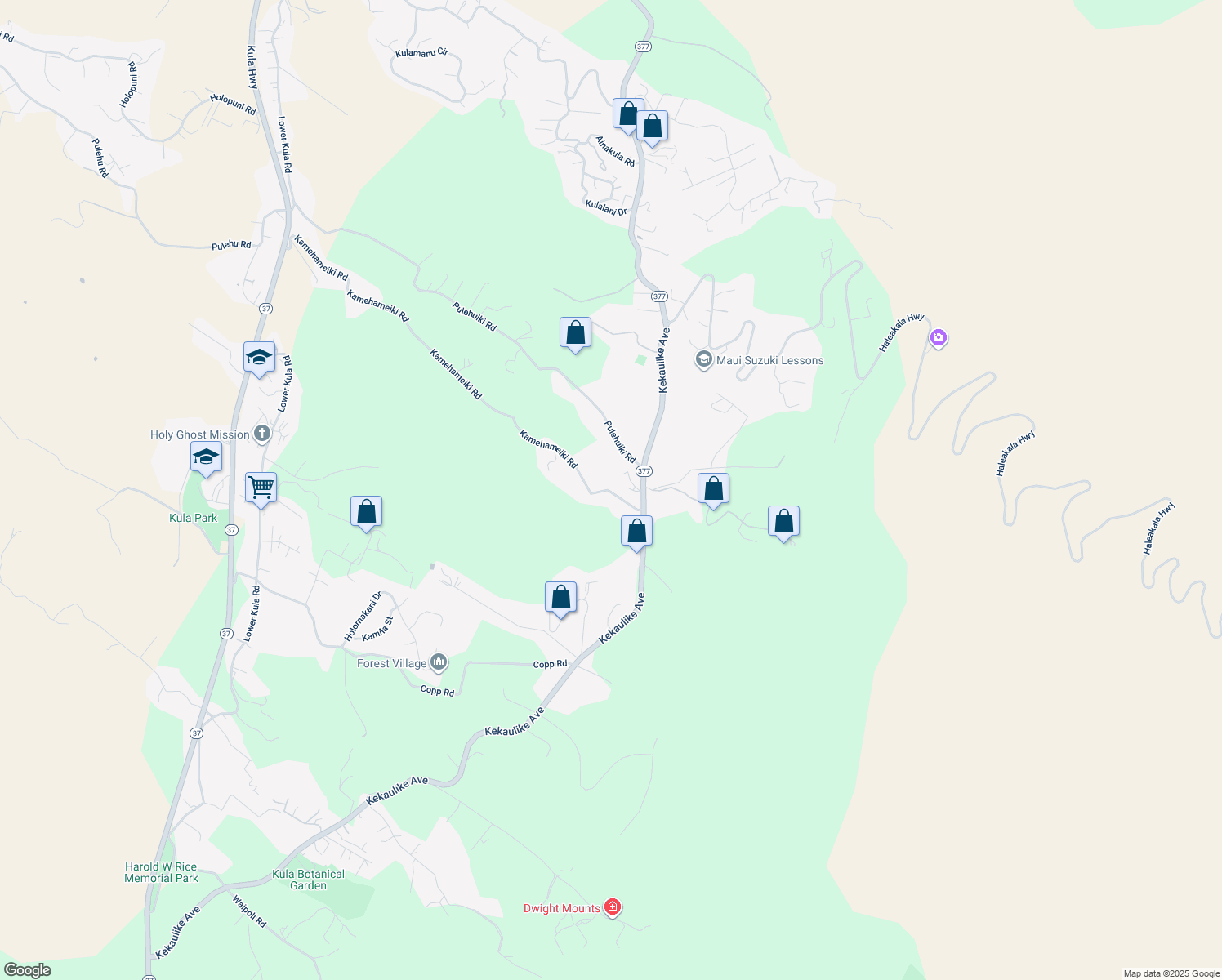 map of restaurants, bars, coffee shops, grocery stores, and more near 1515 Kamehameiki Road in Kula