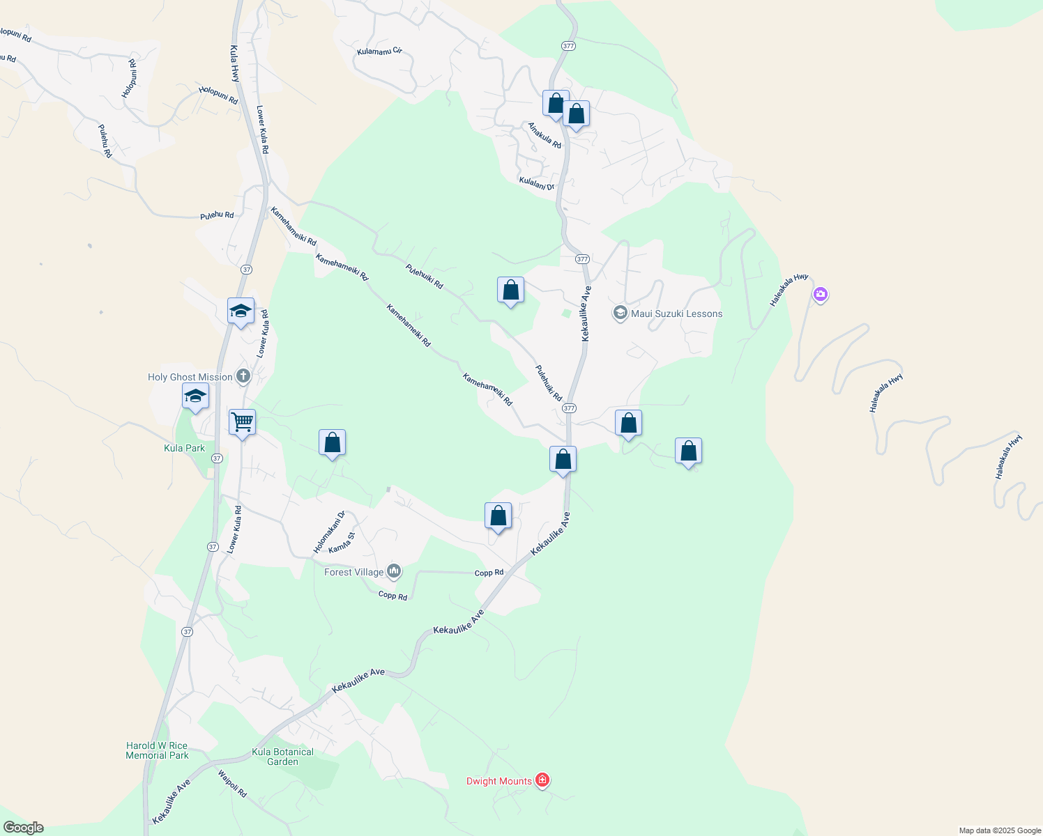 map of restaurants, bars, coffee shops, grocery stores, and more near 0 Kamehameiki Road in Kula