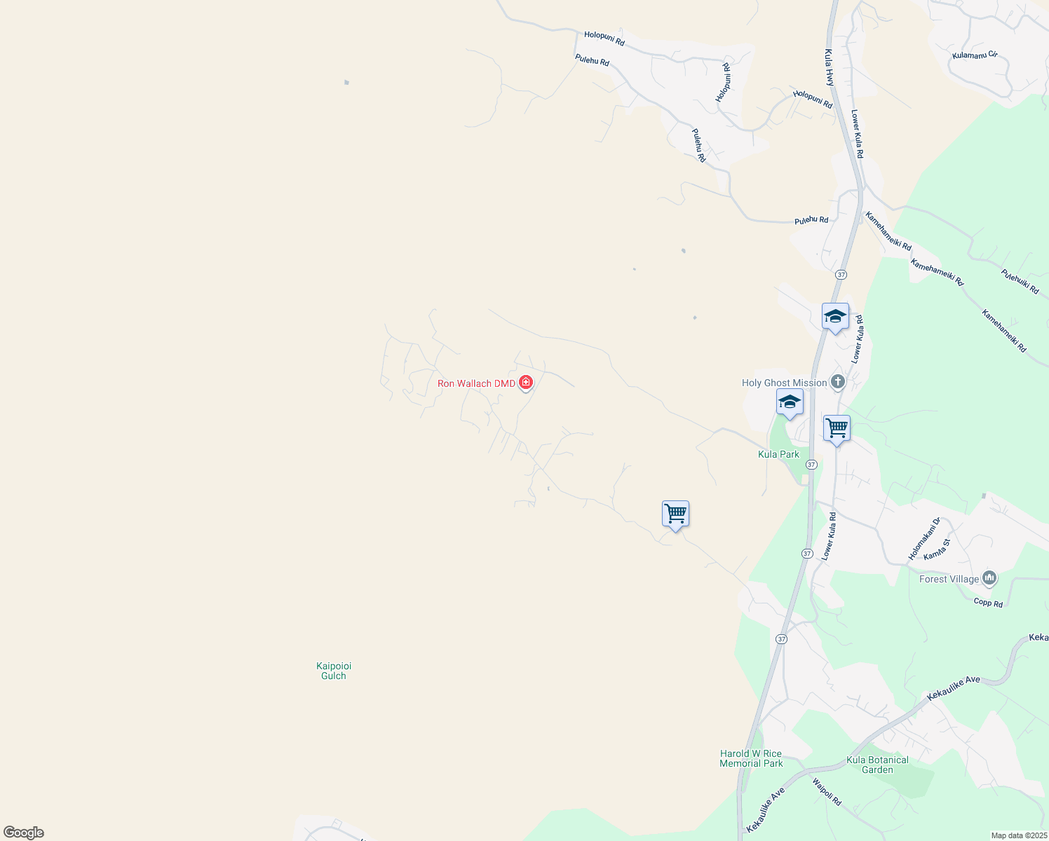 map of restaurants, bars, coffee shops, grocery stores, and more near 12 Ahinahina Place in Kula