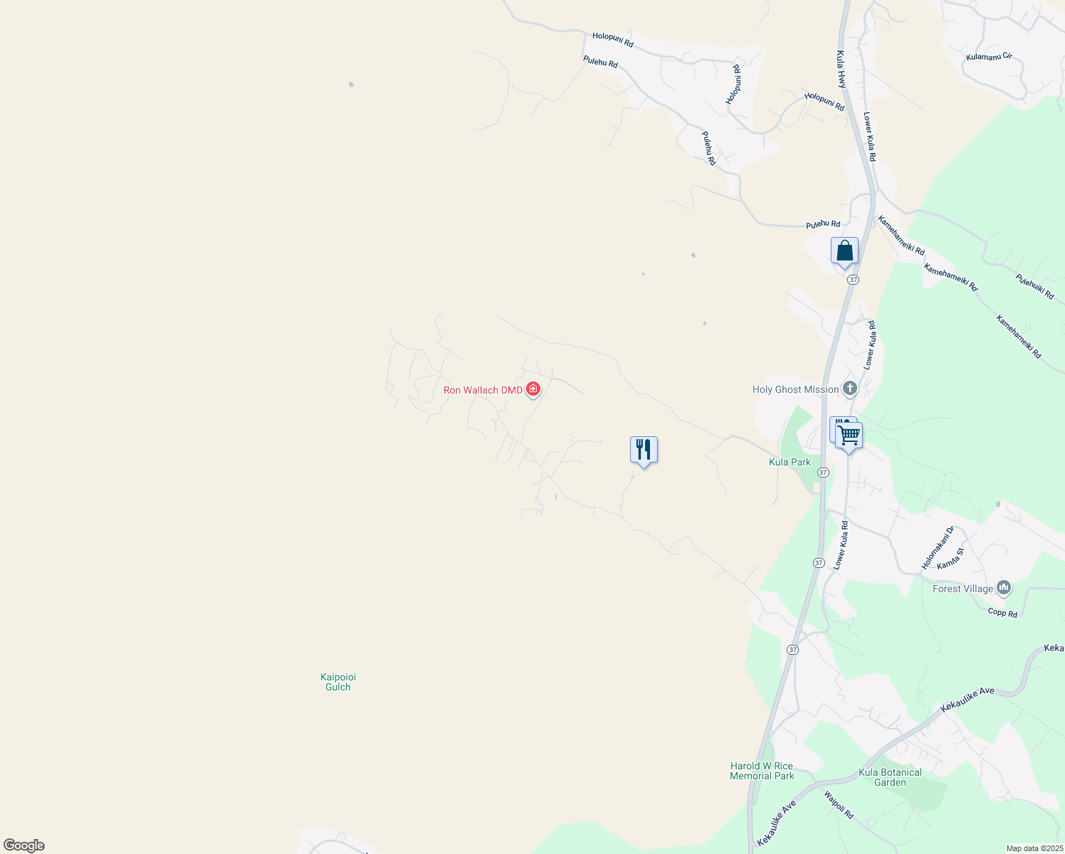 map of restaurants, bars, coffee shops, grocery stores, and more near 12 Ahinahina Place in Kula